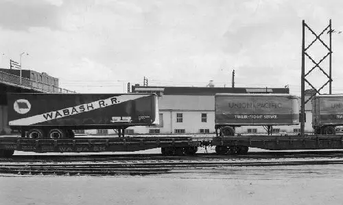 Trailer on flatcar service run by the Union Pacific Railroad in 1955