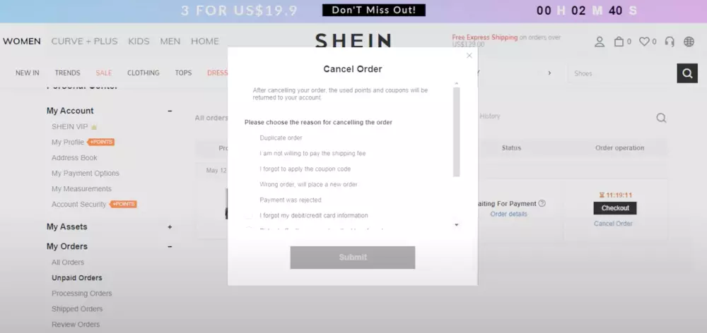 canceling an order on shein